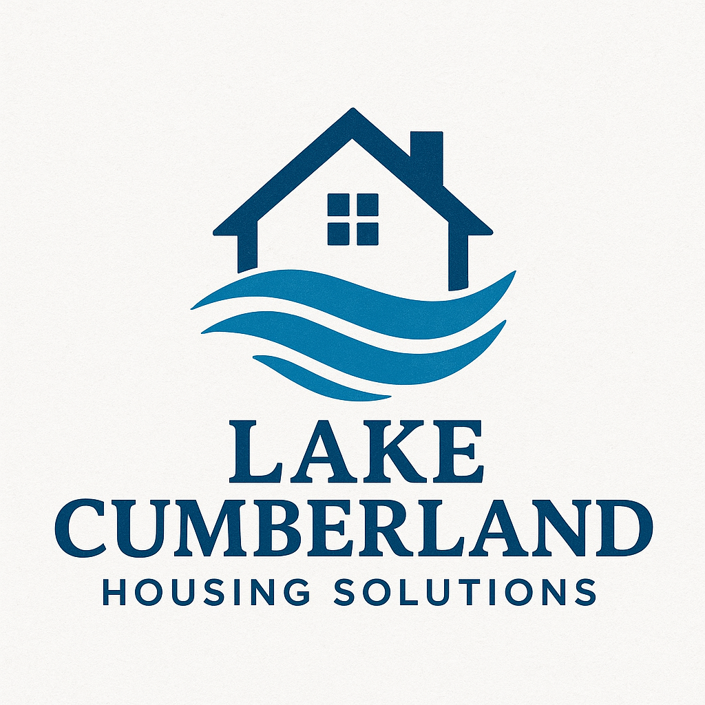 Logo of Lake Cumberland Housing Solutions featuring a blue house icon above stylized blue waves, with the company name written below.